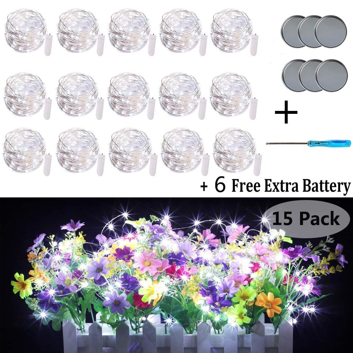 Fairy String Lights, 15 Pack 20 LED Fairy Lights Battery Operated Sliver Wire Lights + 6 PCS Extra Replacement Batteries with Starry Jar Lights for DIY Party Wedding Decorations (Cool White)