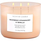 Raspberry Strawberry Vanilla 3-Wick Scented Soy Candle 15.8 oz | Large Sweet Berry Vanilla Scented Candle for Home | Relaxing Aromatherapy Candle | Strong Throw & Long Lasting