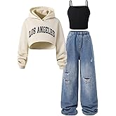 OYOANGLE Girl's 3 Piece Outfits Cami Top and Graphic Crop Hoodie with Ripped Jeans Set Fall Clothes