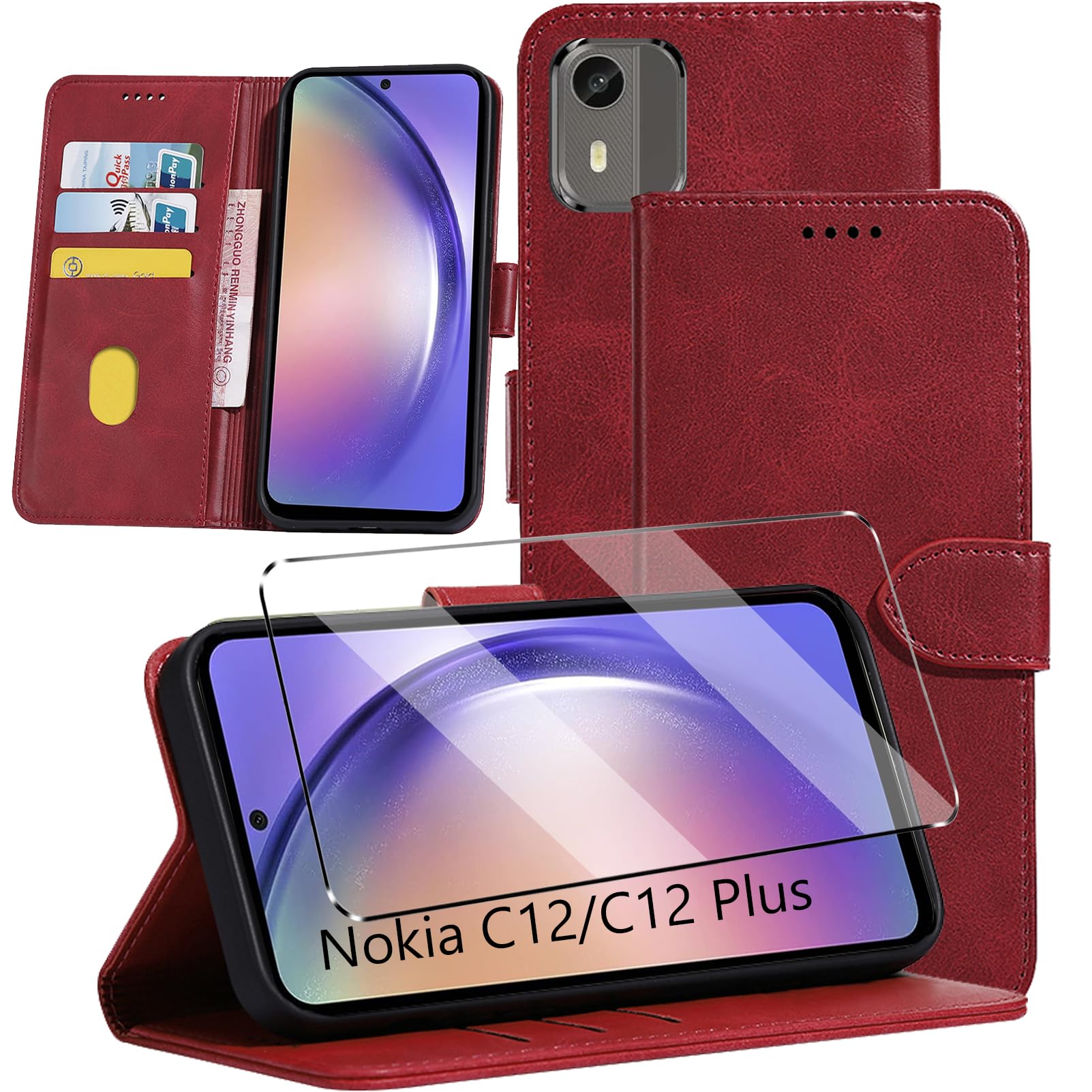 HuiYouMY 2-in-1 Case Compatible with Nokia C12 Leather Phone Case, Wallet Case Cover [Card Slots] [Kickstand] Magnetic Closure Full Protection Book Folio Design wallet flip phone case - Red