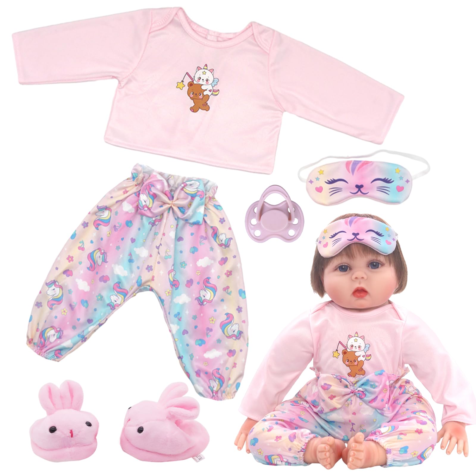 6 Pcs Doll Clothes for 20-22inch Baby Doll, Pink Pony Doll Outfits Pajamas Set with Long-sleeved Top, Bow Pants, Plush Rabbit Shoes, Eye Mask, Pacifier, Gift for Dress up 50-55cm Dolls Girls Boys