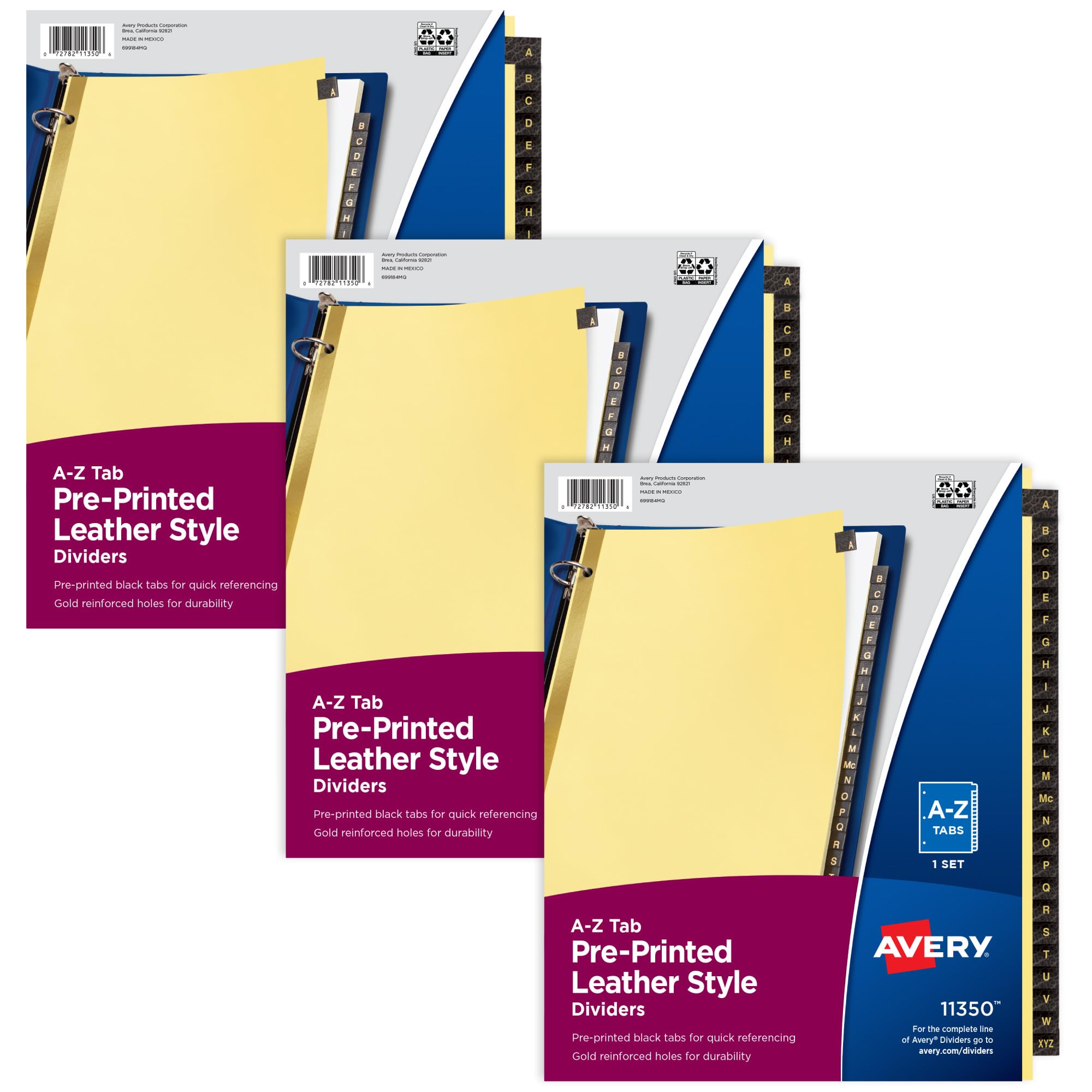Photo 1 of Avery A-Z Dividers for 3 Ring Binders, 25 Tabs per Set, Pre-Printed Black Leather Tabs, Great for Organizing Records, Reports, Finances, and Other Important Documents (3 Sets of 21350)