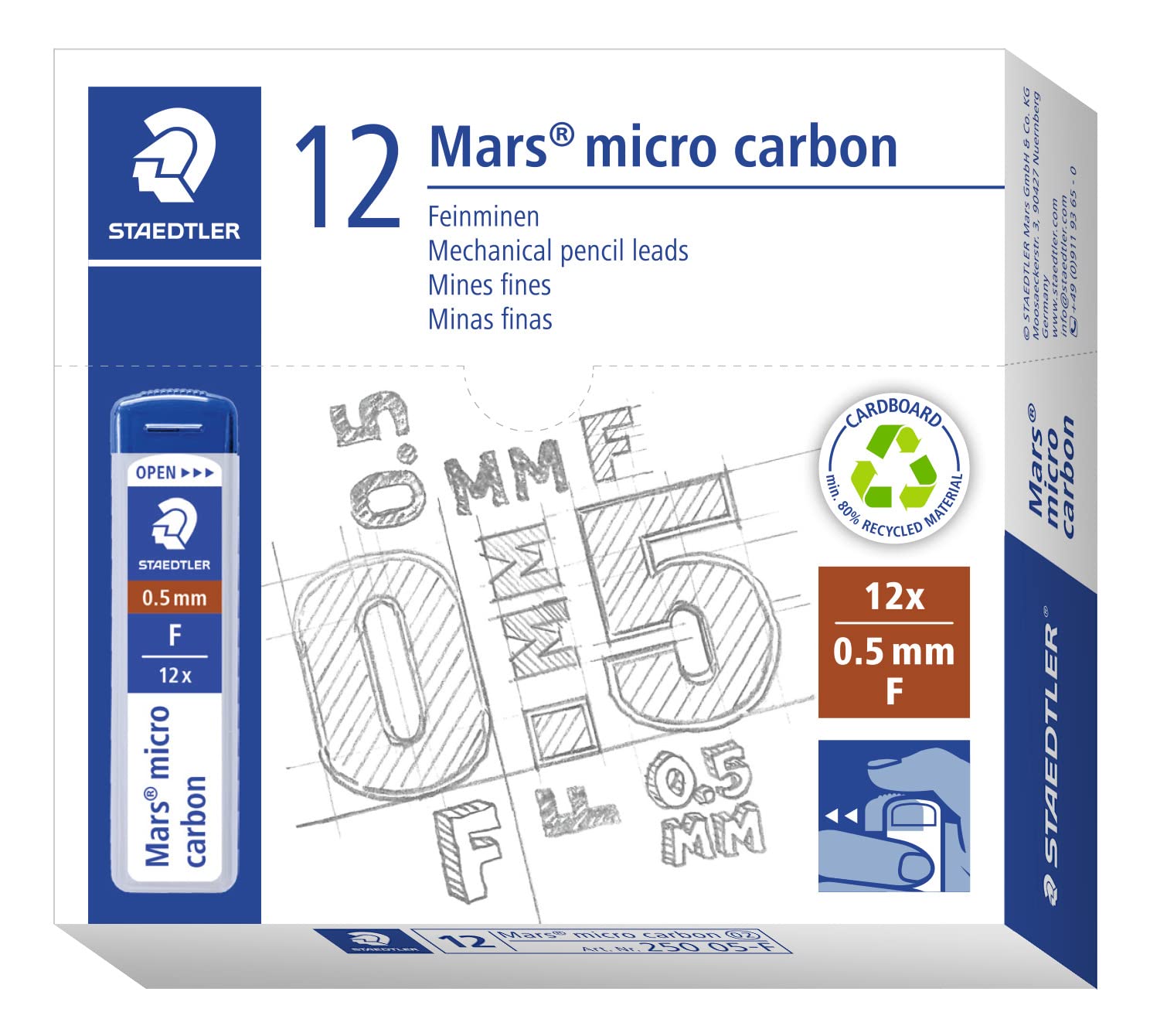 STAEDTLER 250 05-F Mars Micro Refill Leads for Mechanical Pencils - F, 0.5mm (Box of 12 x Tubes of 12 Leads)