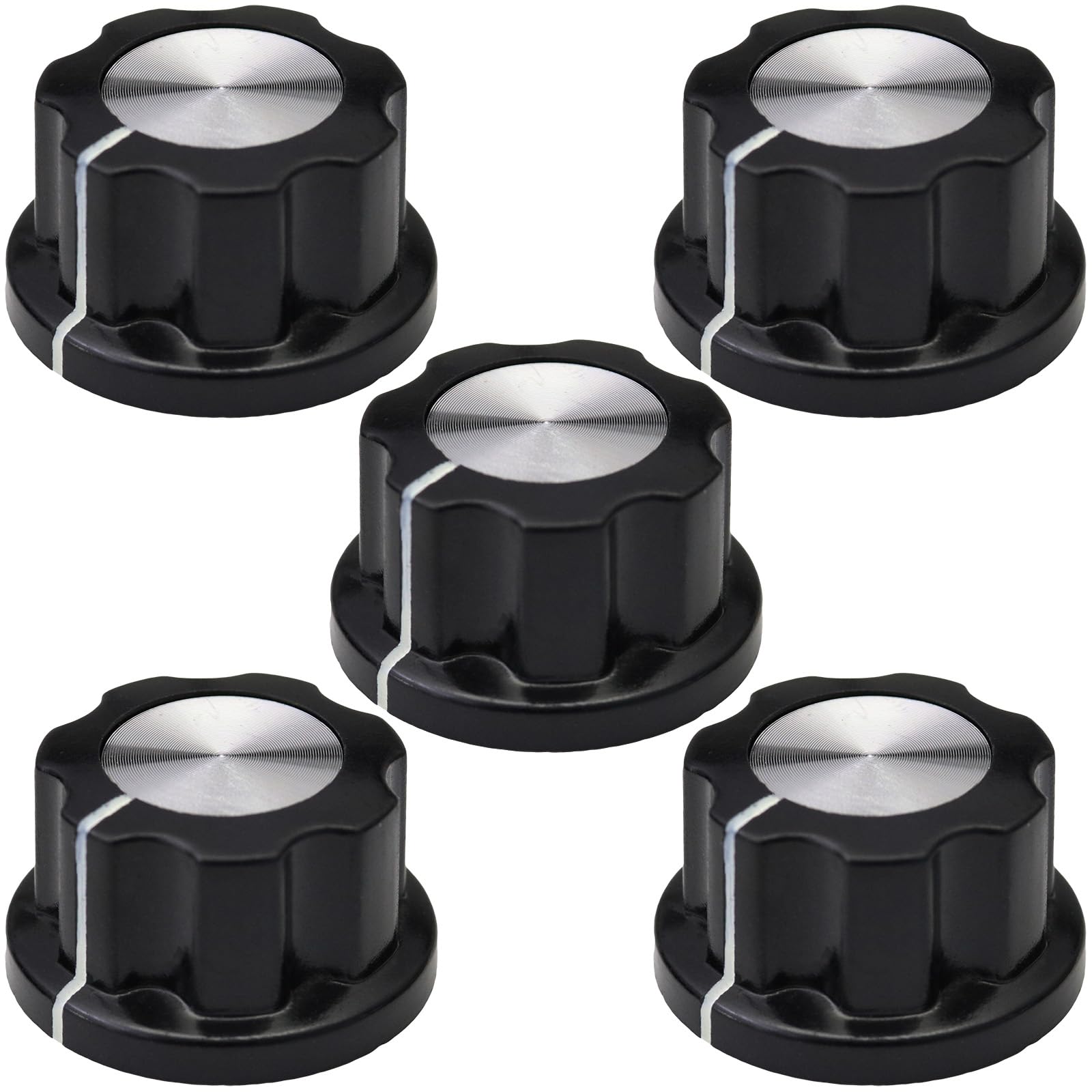 6mm Round Hole Silver Cap Large Black Retro Fluted Control Knob Pack of 5 (MF-A02)
