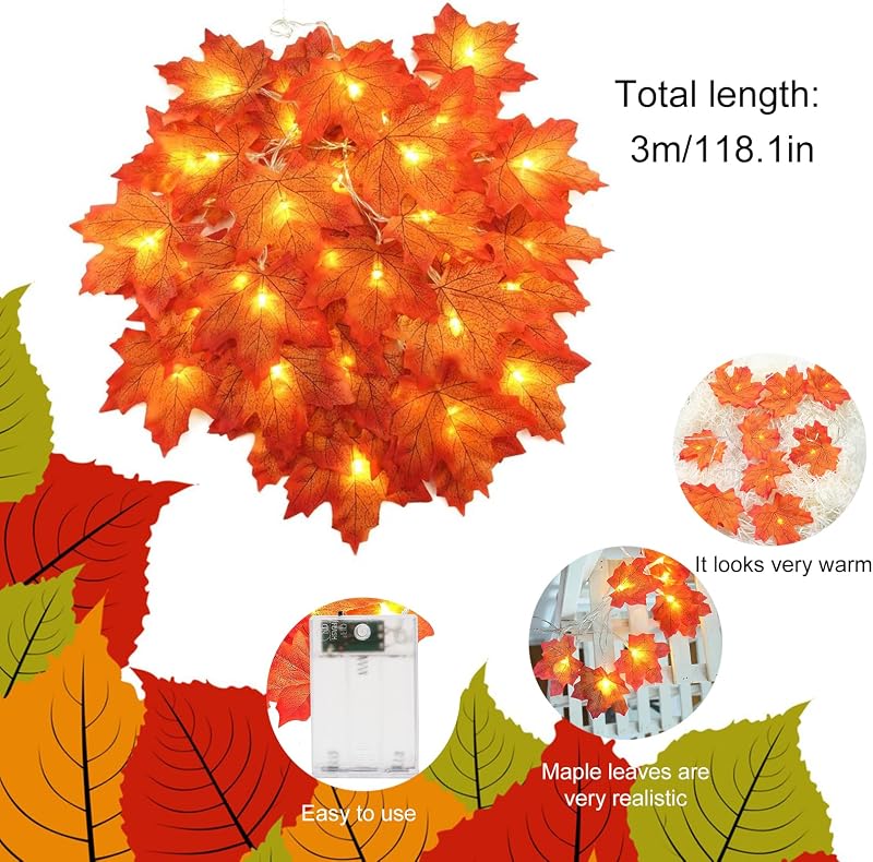 Luzes de folha de ácer, luzes de corda de folha de ácer, luzes de outono, luzes de corda de folha de ácer, decoração de folhas de outono, guirlandas para o Halloween, 3 metros 20 LED — foto 7 de 8