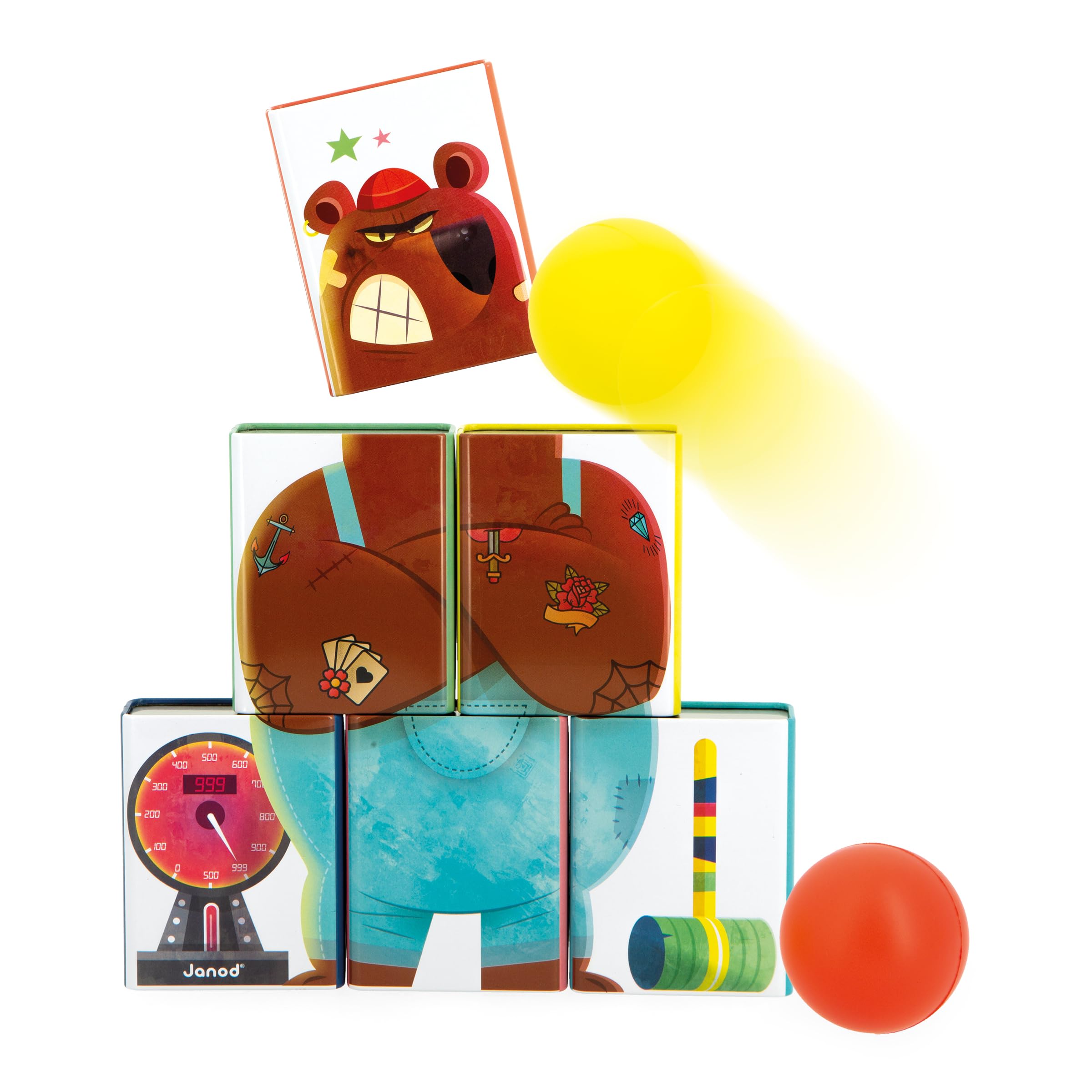 Janod - Applepop Tin Can Alley - Game of Skill - 6 Metal Tins + 2 Foam Balls - Outdoor Game - Develops Dexterity & Concentration - 3 Years +, J03359