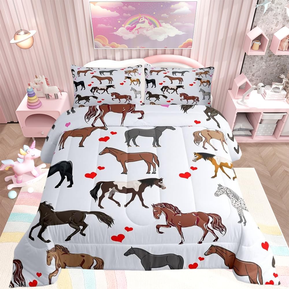 Loussiesd Horse Bedding Kids Girls Pretty Ponies Duvet Insert 3 Pieces Cartoon Farm Animals Red Heart Single Size