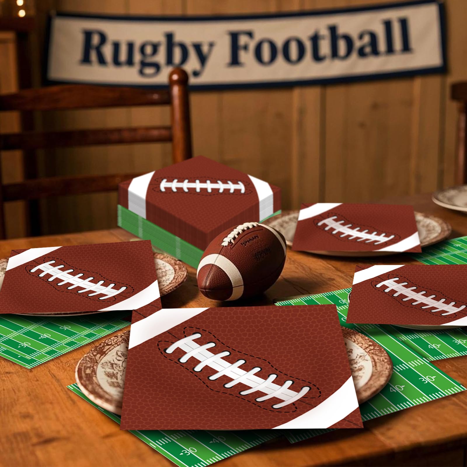 Pack of 50, Football Paper Napkins, 25 Brown Football and 25 Green Field Design Disposable Cocktail Napkins for Sports Football Game Events Supplies Birthday Party Decorations, 13x13 Inches Unfolded