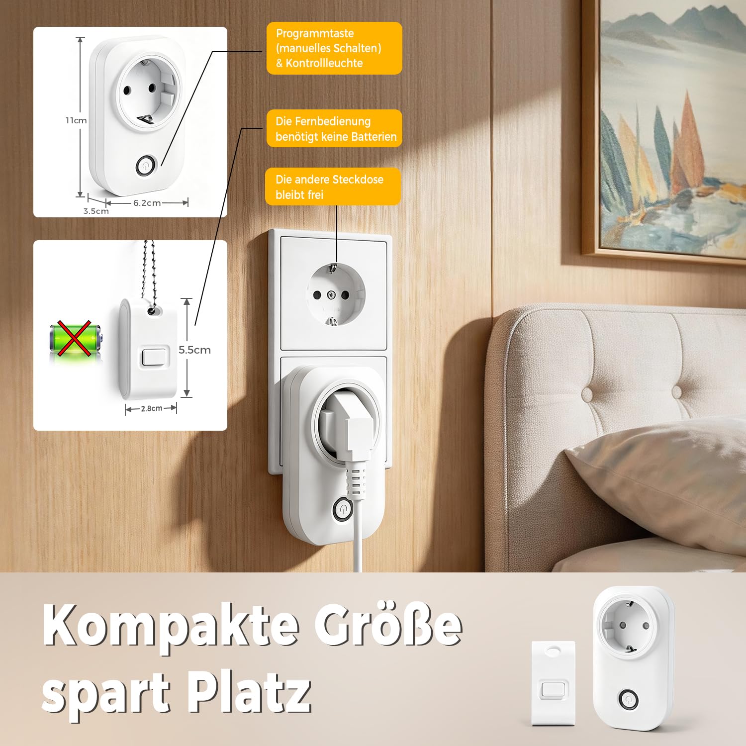 Funksteckdose mit Fernbedienung, Steckdose für Haushaltsgeräte und Lampen, 13A Ferngesteuerte Stecker, Reichweite 30 m, Programmierbar, 1 Steckdose mit 1 Fernbedienung, Weiß 5