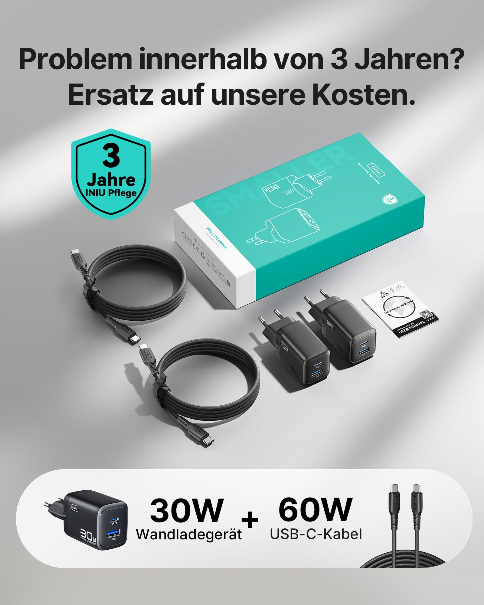 INIU 30W USB C Ladegerät, 2 Stück [USBC + USBA] Schnellladegerät mit Kabel, GaN PD Mehrfach Netzteil, USB C Charger für iPhone 17 16 Pro Max, iPad Pro, MacBook Air, Galaxy S25 S24 Ultra, Google 10 etc 7