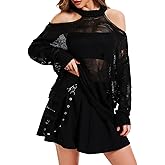Vinsekep Womens Distressed Off Shoulder Sweater See Through Long Sleeve Knit Tops