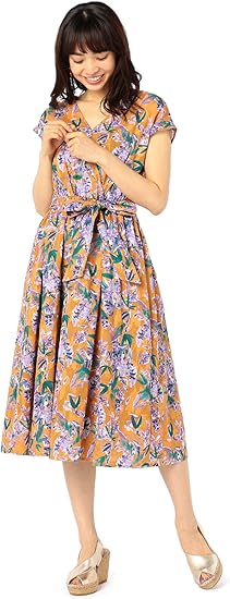 Amazon ノーリーズ Nolley S カットジャガードフラワープリントワンピース 9 0035 3 07 004 36 イエロー系3 ワンピース チュニック 通販