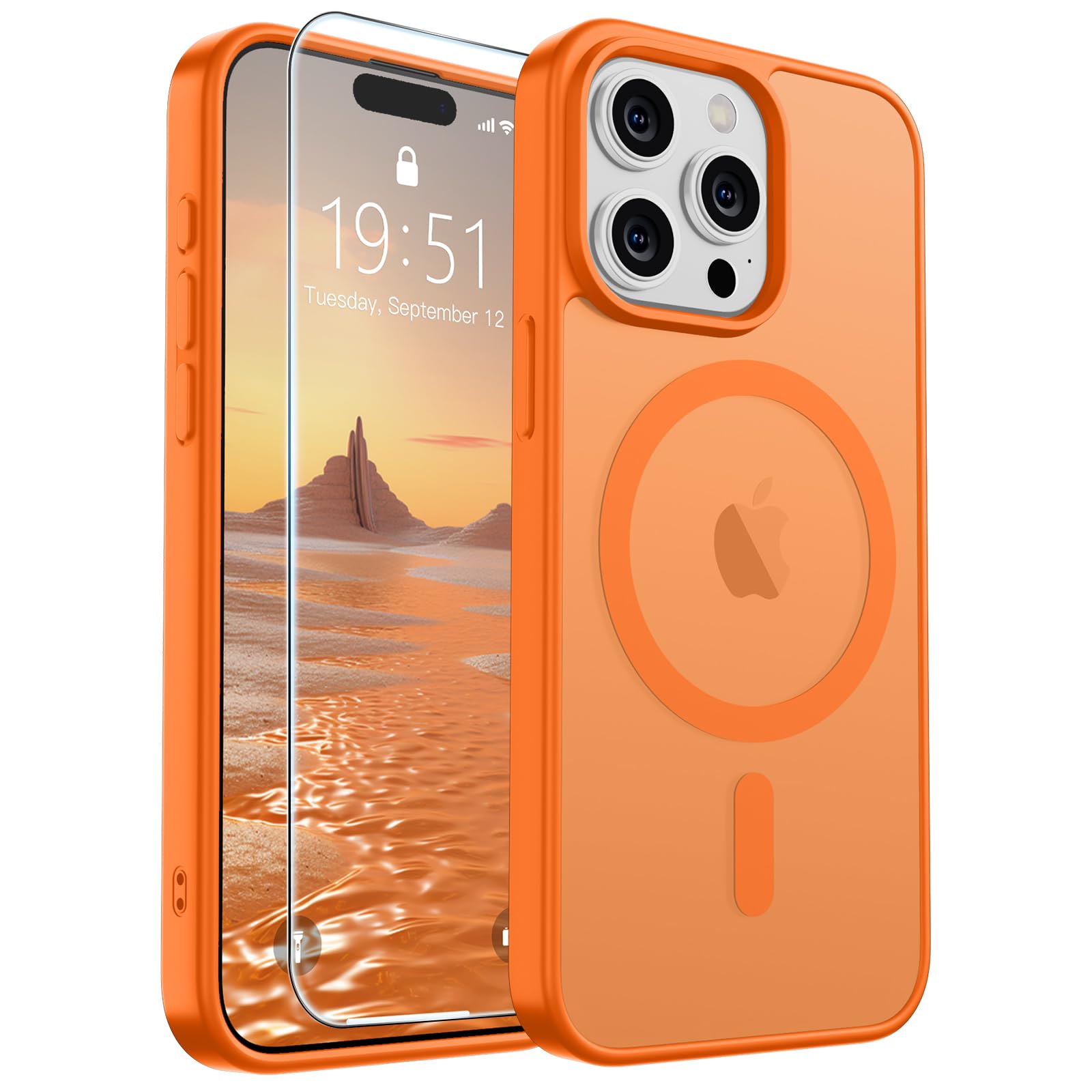 Photo 1 of SUPFINE Magnetic for iPhone 15 Pro Max Case with Screen Protector (Compatible with MagSafe) (Military Grade Drop Protection) Translucent Matte Shockproof Phone Cover,Starry Orange