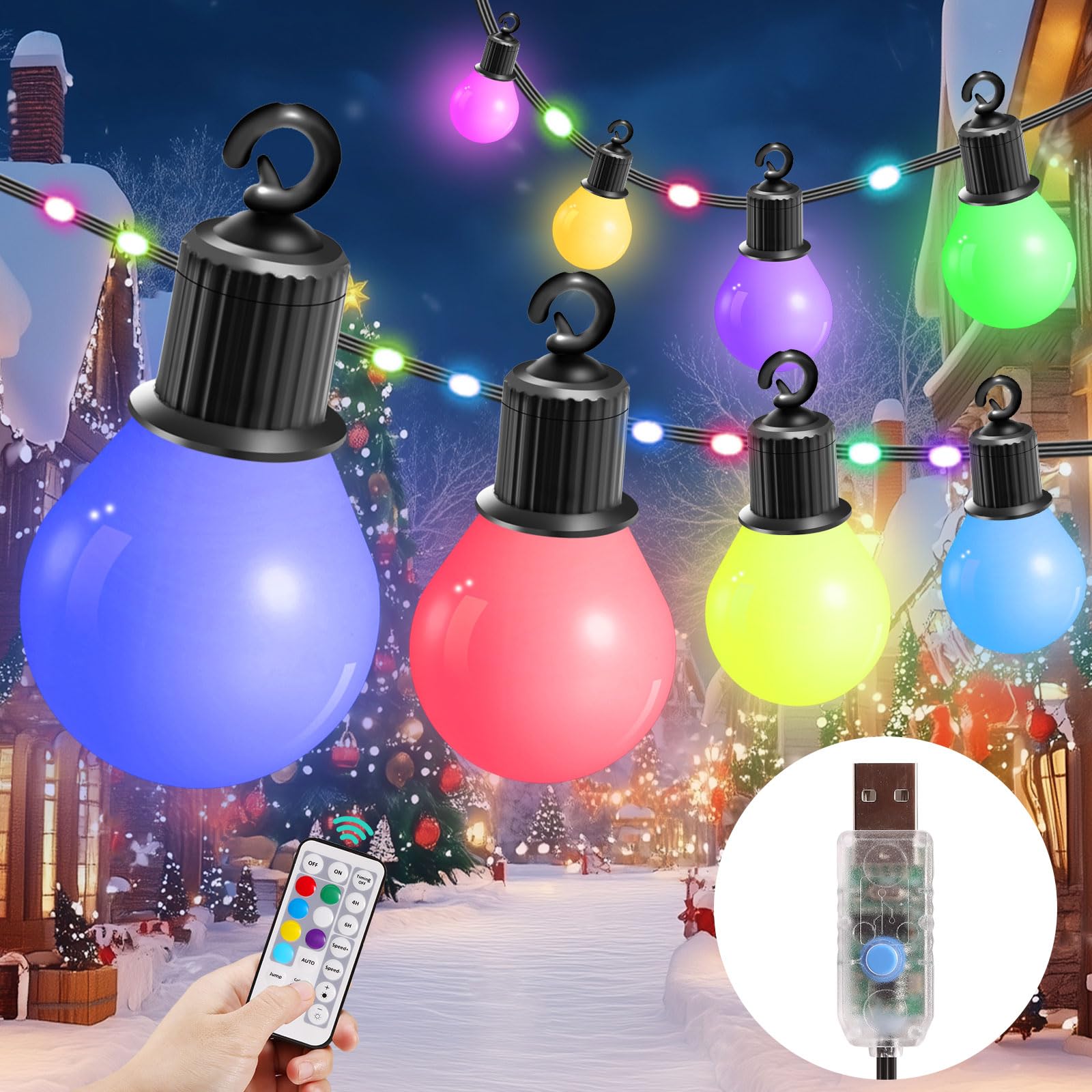 IRISECO Festoon Lights Outdoor, 12.5M/41Ft Colored Garden String Lights Mains Powered with 100 LED+20 Shatterproof Bulbs, IP65 Waterproof Festoon Lights for Gazebo Patio Balcony Party (12 Modes USB)