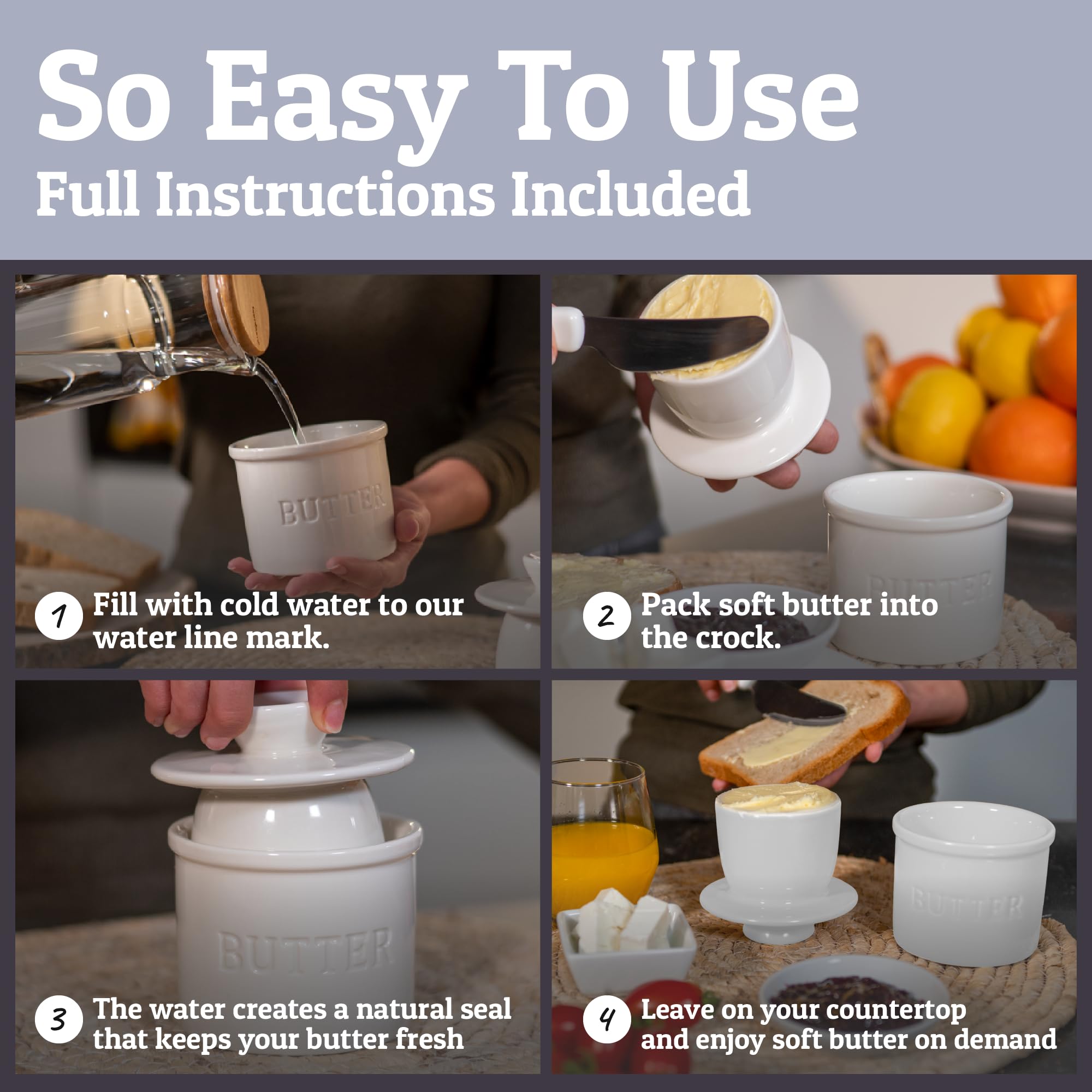 PriorityChef Butter Crock with Lid with Water Line,Ceramic French Butter Dish to Leave On Counter, White