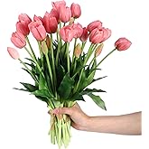 Riceshoot 6 Bunches Artificial Tulips Flowers 30 Pcs Real Touch Faux Tulips Bouquets Arrangements Realistic Flowers for Office Wedding Party Kitchen Decoration(Purple)