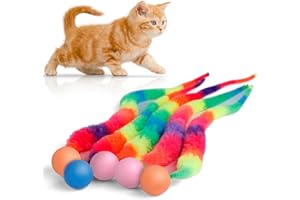 SHENGSEN Bouncy Ball with Tail Cat Toys-5 Packs,Rainbow Large Magic Worm with Ball Toy for Cats,Colorful Fuzzy Worm Bouncy Balls Cat Toy
