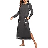Ekouaer Women's Nightshirt Long Sleeve Nightgown Round Neck Sleepwear Full Length Pajama Dress with Pockets Loungewear S-XXL