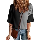 Dokotoo Womens Summer Tops Fashion 2026 Half Sleeve Waffle Knit Shirts Casual V Neck Colorblock Patchwork Blouse