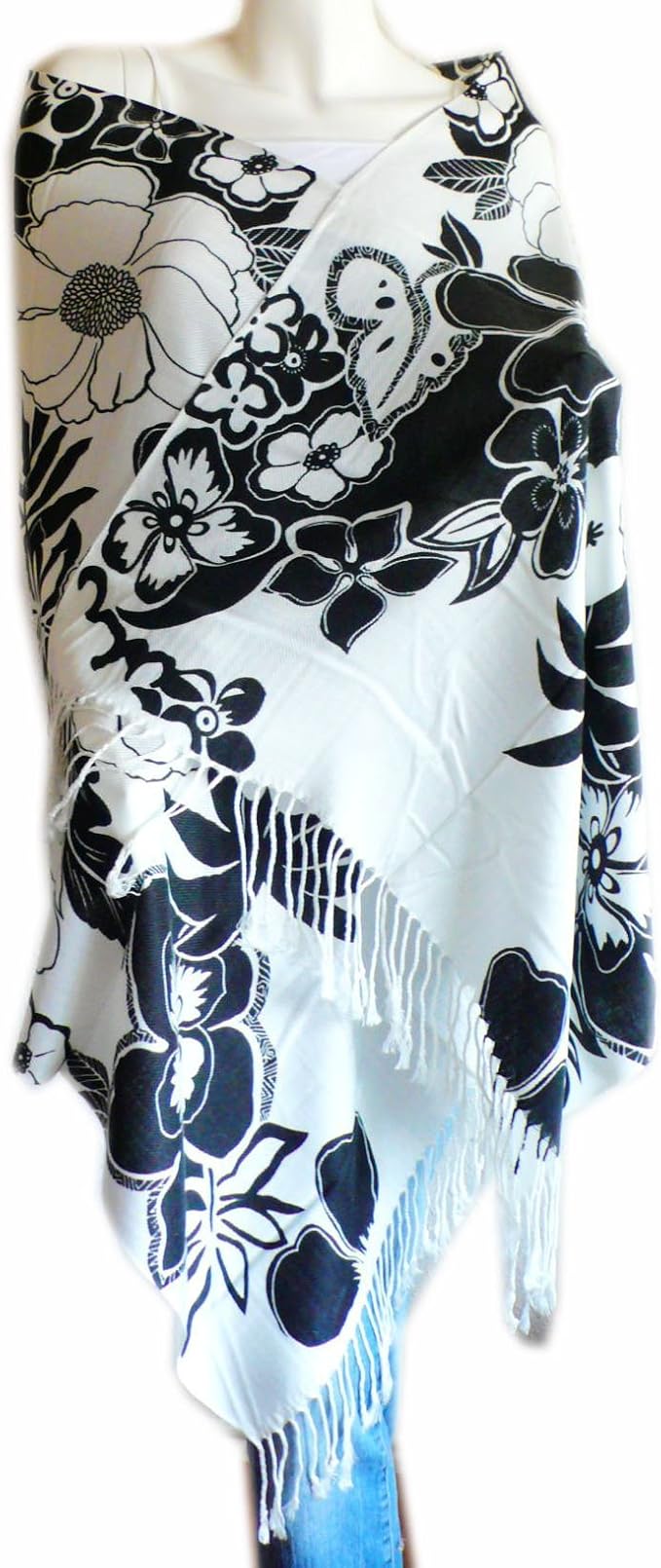 WHITE & BLACK PRINTED PASHMINA SHAWL WRAP STOLE SCARF GB at Amazon Women’s Clothing store