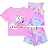 ICOSY Girls Pajamas 3 PCS Kids Pajamas Tank Tops, Short Sleeve Top and Shorts Clothes for Toddler Girls