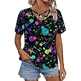 Glow in Dark Splatter Neon Women's Short Sleeve Shirt Tops Loose V-Neck Criss Cross Tees Summer Beach Blouses