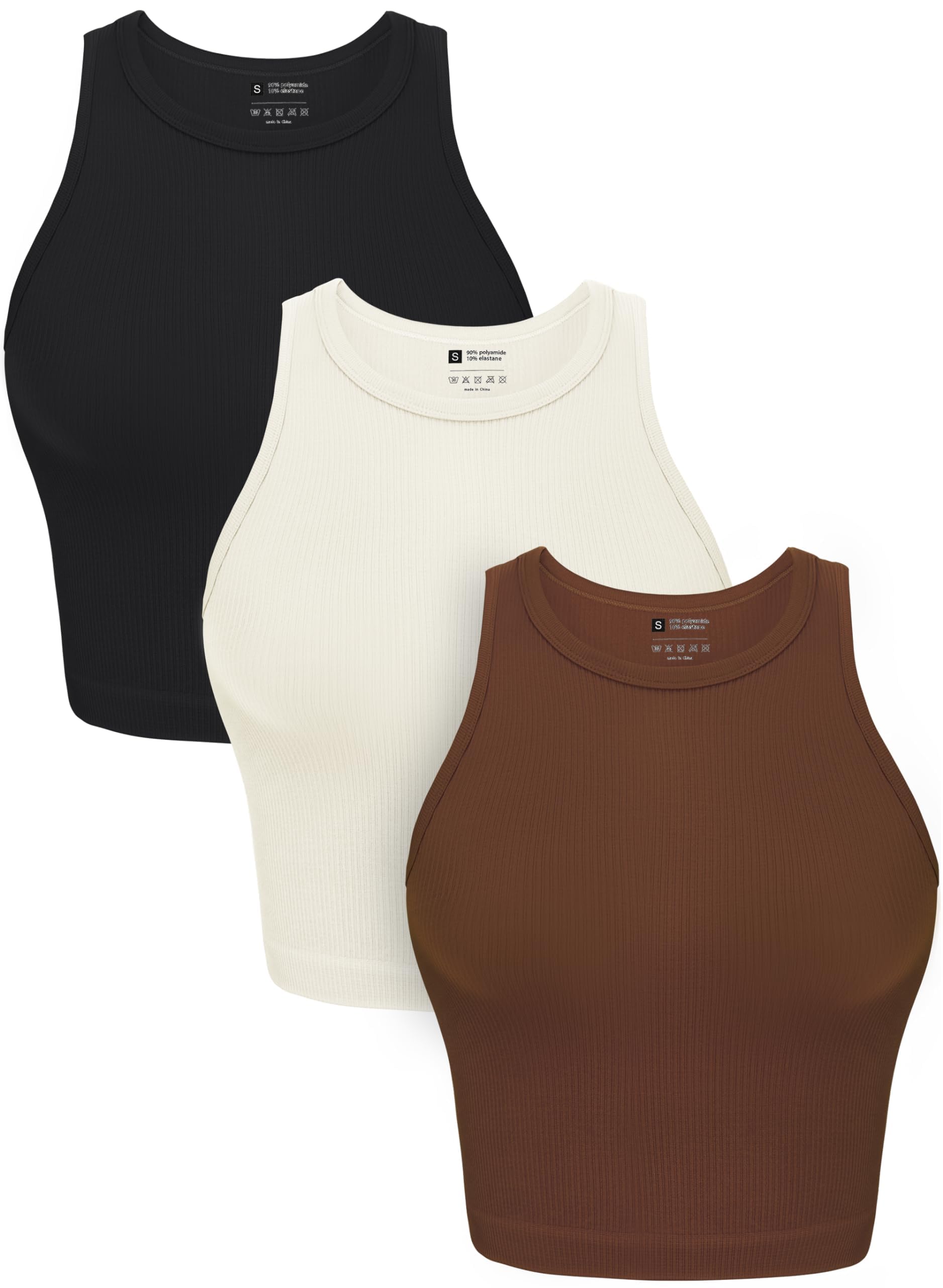 OLCHEE Womens 3 Pack Crop Tank Tops Basic Seamless Ribbed Round High Neck Racerback Workout Top Summer Causal Yoga Gym Shirts