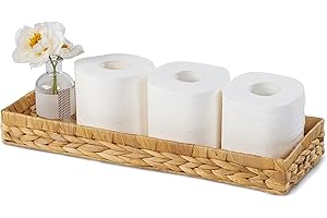 BLUEWEST Wicker Toilet Tank Topper Basket, 17'' Water Hyacinth Toilet Paper Basket for Back of Toilet, Durable and Multifunctional Handwoven Bathroom Vanity Tray for Bathroom, Bedroom, Home Kitchen