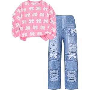 Yhnslsf Toddler Girl Clothes Fall Little Girls 2 Piece Outfit Sets 3-8Years | Winter Sweatshirt Print Wide Leg Jean Pants Kid