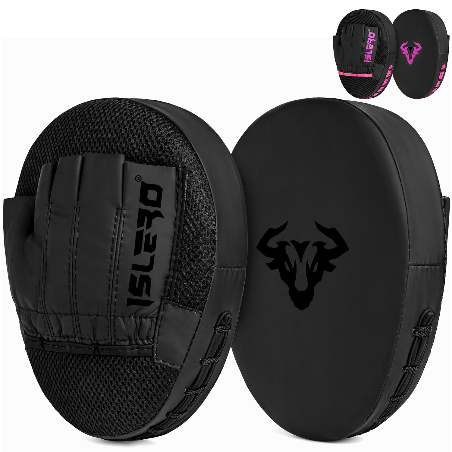 Islero Fitness Matte Black Boxing Pads Men focus Mitts Punching Women MMA Muay Thai Martial Arts KickBoxing Hook and jab Hand Target Strike Shield Training Pads (Black)