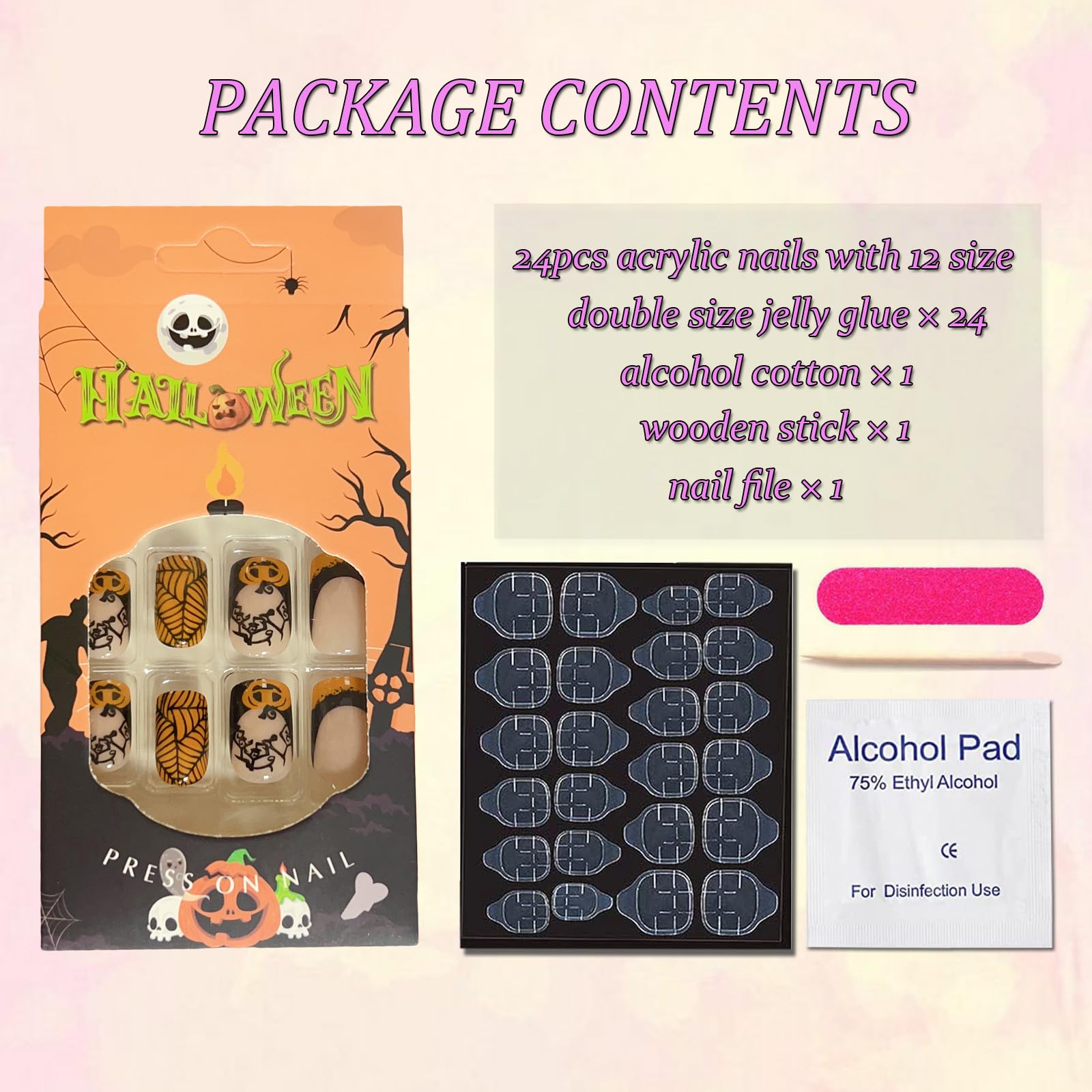 OHWODA Halloween Medium Fake Nails Square Press on Nails Black Spider Web Glue on Nails Halloween Pumpkin Nails Press ons Orange French Halloween Press on Nails for Women DIY Manicure Decorations - Image 6