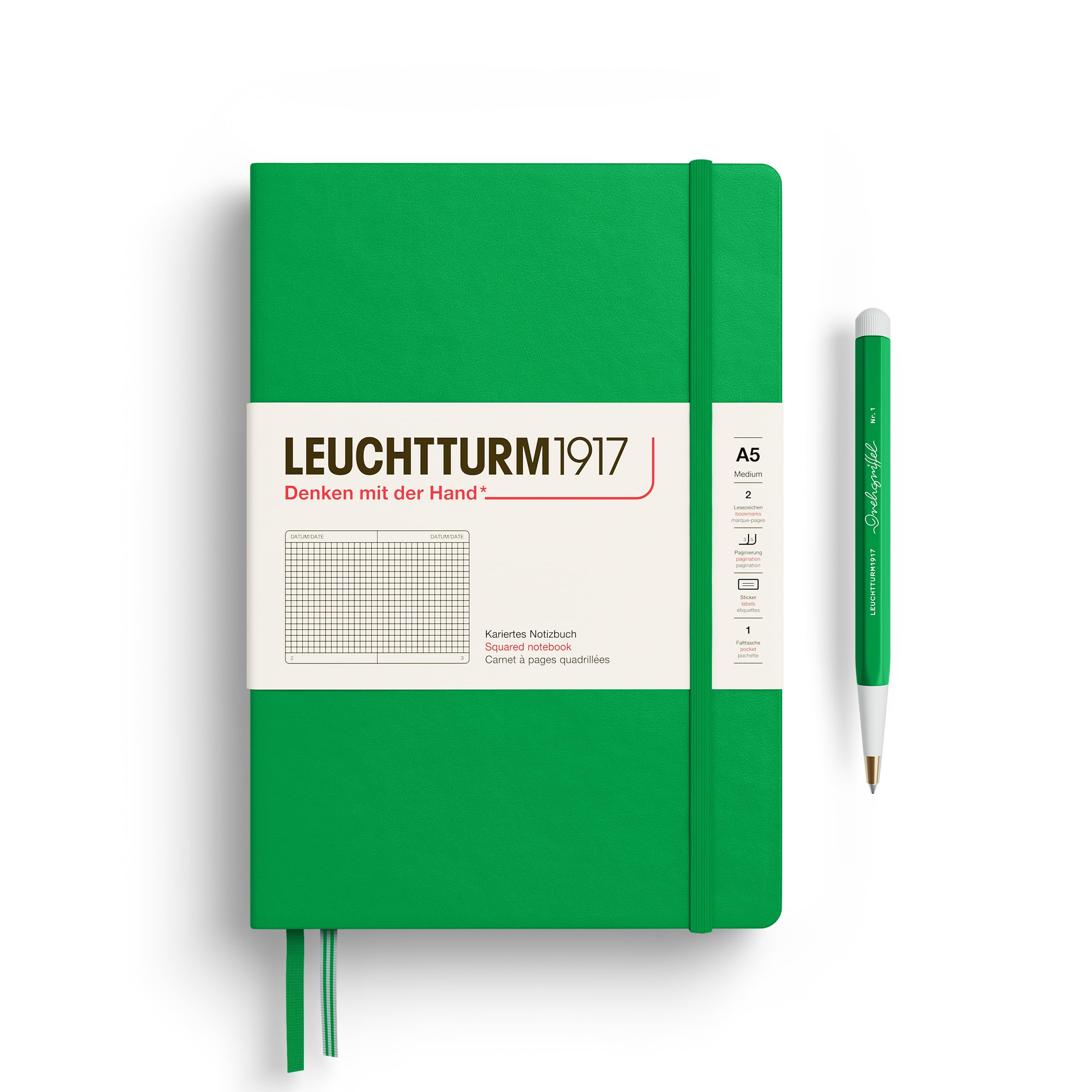 LEUCHTTURM1917 372195 Notebook Medium (A5), Hardcover, 251 Numbered Pages, Spring Leaf, Squared