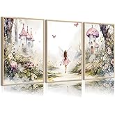 3 Pcs Fairy Garden Canvas Wall Art Flower Fairy Posters Prints mushroom castle Painting Pictures Enchanted forest Wall Decor for Living Room Bedroom Girls Room Nursery Decoration Unframed