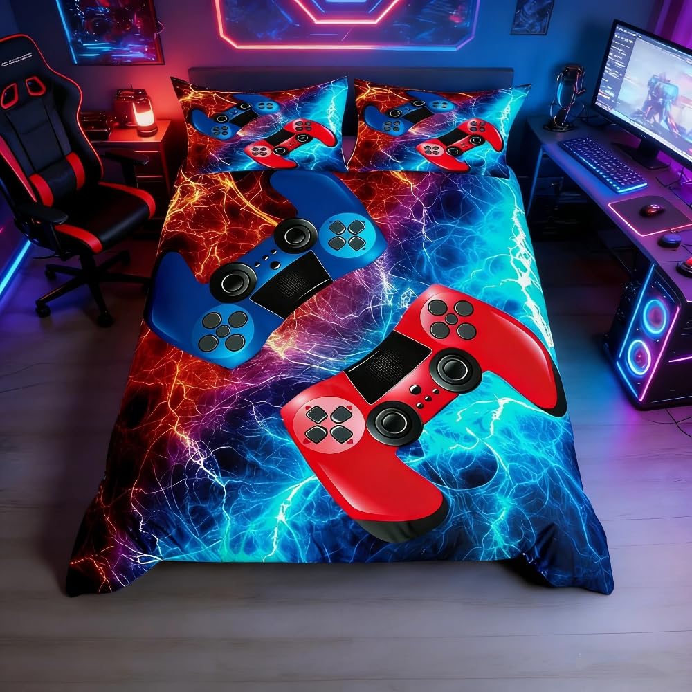 Games Bedding Set Gamepad Pattern Duvet Cover Set for Kids Boys Girls Red Blue Video Joystick Controller Bedding & Linen Gradient Marble Decor Quilt Cover Bedroom Collection 2Pcs Single Size