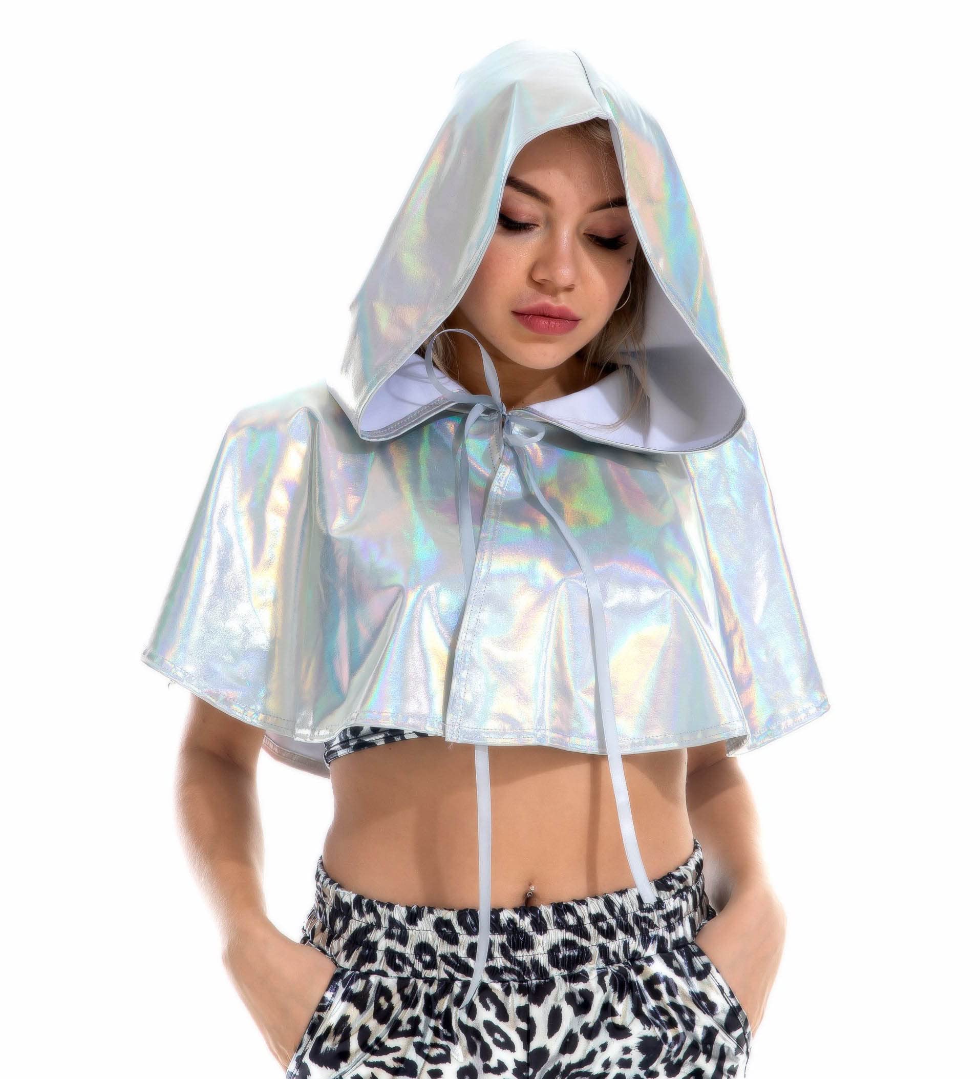 MAKFORT Adult Laser Metallic Short Hooded Cape Fancy Dress Shiny Metallic Outfit Nightclub Outfit Women Fancy Dress Costume