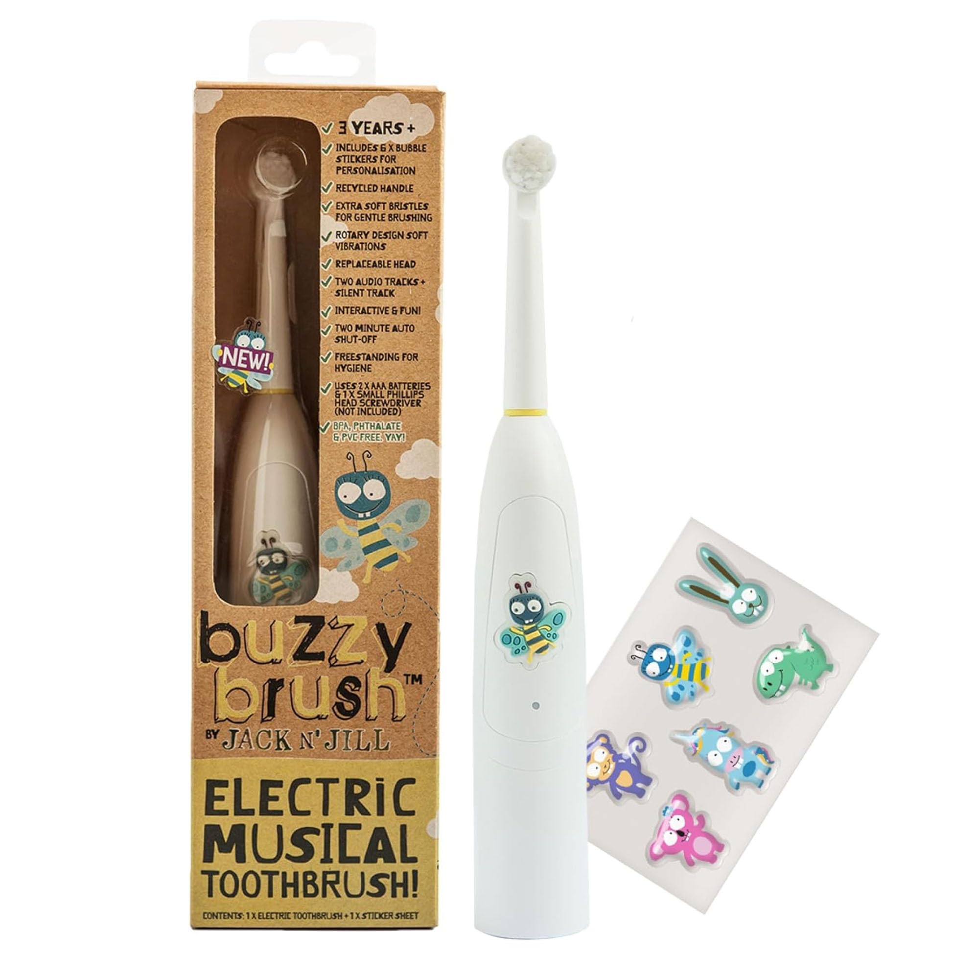 Jack N' Jill Kids Buzzy Brush Electric Musical Toddler Toothbrush – Kids Electric Toothbrush for Ages 3+, With LED Lights & Brushing Timer, Child-Friendly, Water Resistant, Battery Operated, Pack of 1