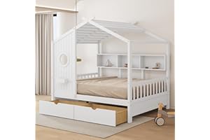 DEINPPA Full House Bed for Kids, Wooden Kids Bed with Storage Drawers and Bookshelf, Built in Window Box Design, Cute Bed for Kids Toddler Boys Girls-White