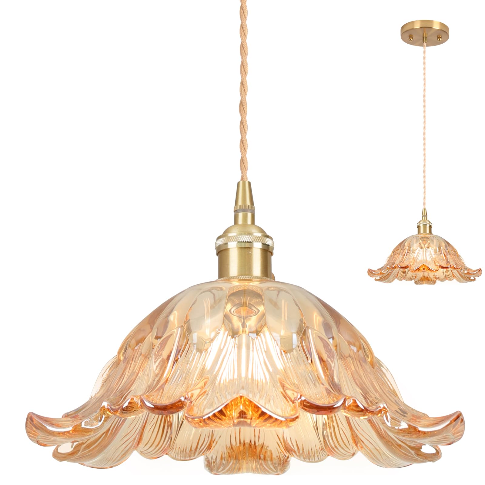 Photo 1 of Loiogohot Glass Pendant Light,Amber Vintage Light Fixtures,8.7" Flower Pendant Lights Adjustable Hanging Light Pendant Lighting Fixtures for Bedroom Hotel Dining Room