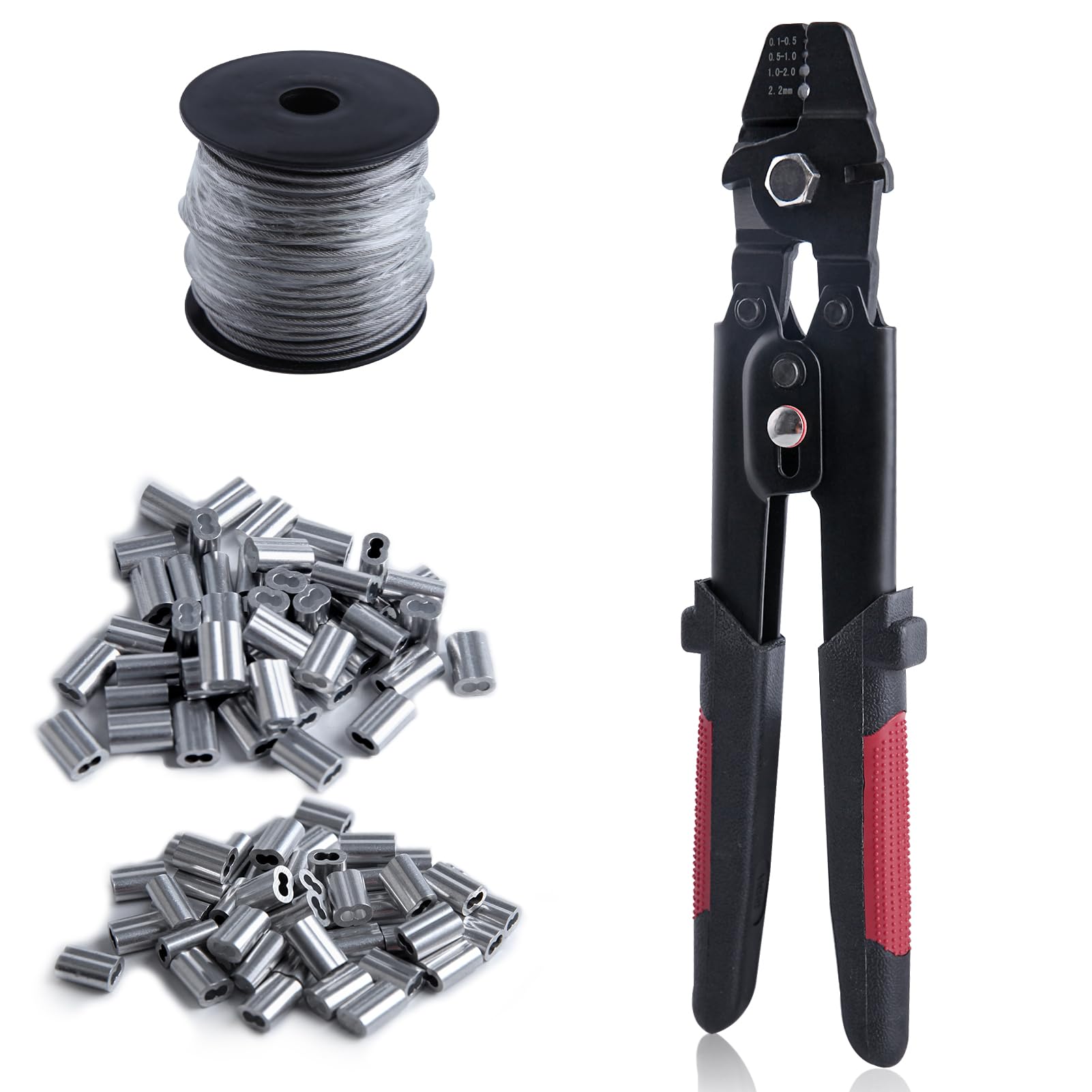 GOLD DEER 102PCS Wire Rope Crimping Tool Kit Ferrule Crimping Tool Kit Fishing Crimping Tool with Crimping Plier and 165FT 50M 304 Stainless Steel Wire Rope 100PCS Aluminum Crimping Sleeve