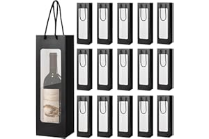 TINSKY 24Pcs Wine Gift Bags with Handle for Wine Bottles Clear Window Wine Bags Reusable Wine Bags Bulk for Anniversary Birthday New Year Party (Black)
