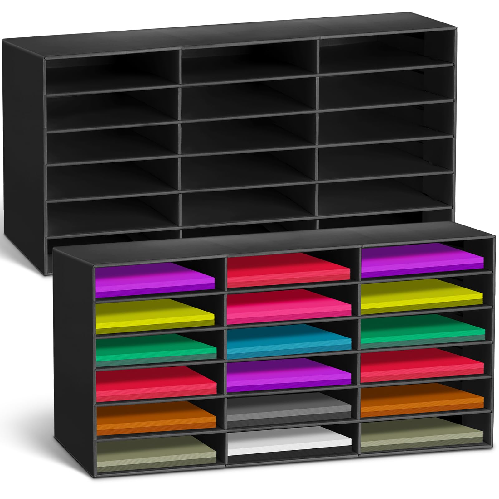 Photo 1 of Fuutreo 2 Pcs Construction Paper Storage, Classroom Mailboxe, Back to School Literature Sorter, Sturdy Cardboard Paper Organizer for Teacher, Student, Office, 29.5" x 14.2" x 12.4"(18 Slots,Black)