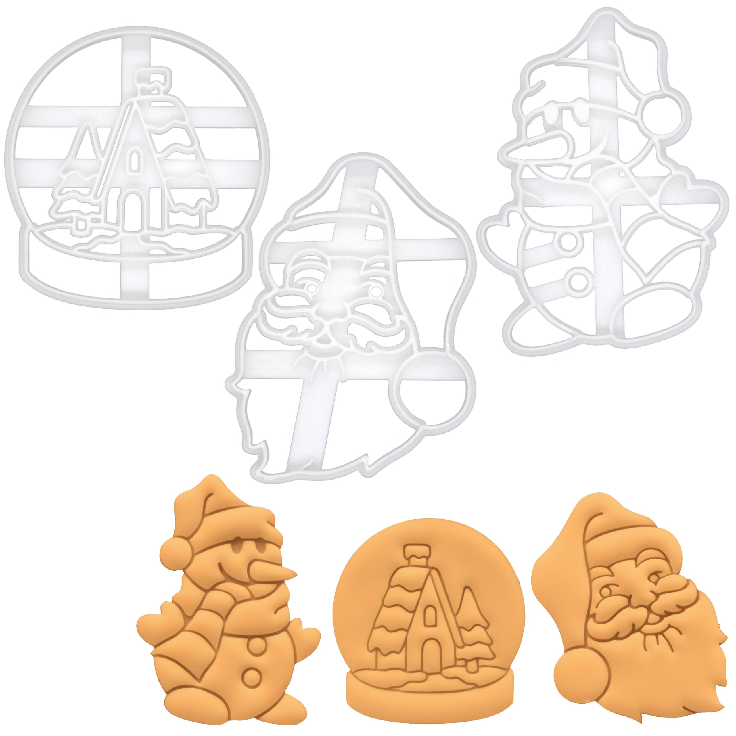 BAKERLOGY Set of 3 Christmas Themed Cookie Cutters (Designs: Santa Claus, Snow Globe, and Snowman) - Detailed Biscuit Cutter Design for Baking and Crafts, Ideal on Fondant, Dough, Clay