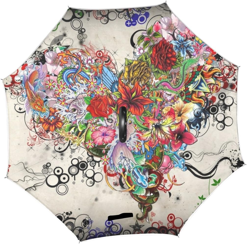 ISAOA Large Umbrella Inverted Umbrella Windproof Double Layer Construction Reversed Folding Umbrella for Car Use,C-Shaped Handle Umbrella Flower Heart Full Of Love Umbrella for Women and Men - Image 3