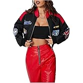 GORGLITTER Women's Cropped Varsity Jacket Racing Bomber Jacket Y2k Graphic Zip Up Motorcycle Coats Streetwear