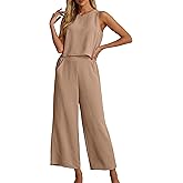 IWOLLENCE Women's Summer 2 Piece Outfits Set Round neck Sleeveless Tank Crop Top Wide Leg pants Set Pockets Jumpsuits