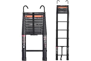 SINMEIRUN 14.5FT Telescoping Ladder,Aluminum Collapsible Ladder with 2 Detachable Hooks,Portable Extension Ladder with Non-Slip Feet for Home Garden RV Roof Camper