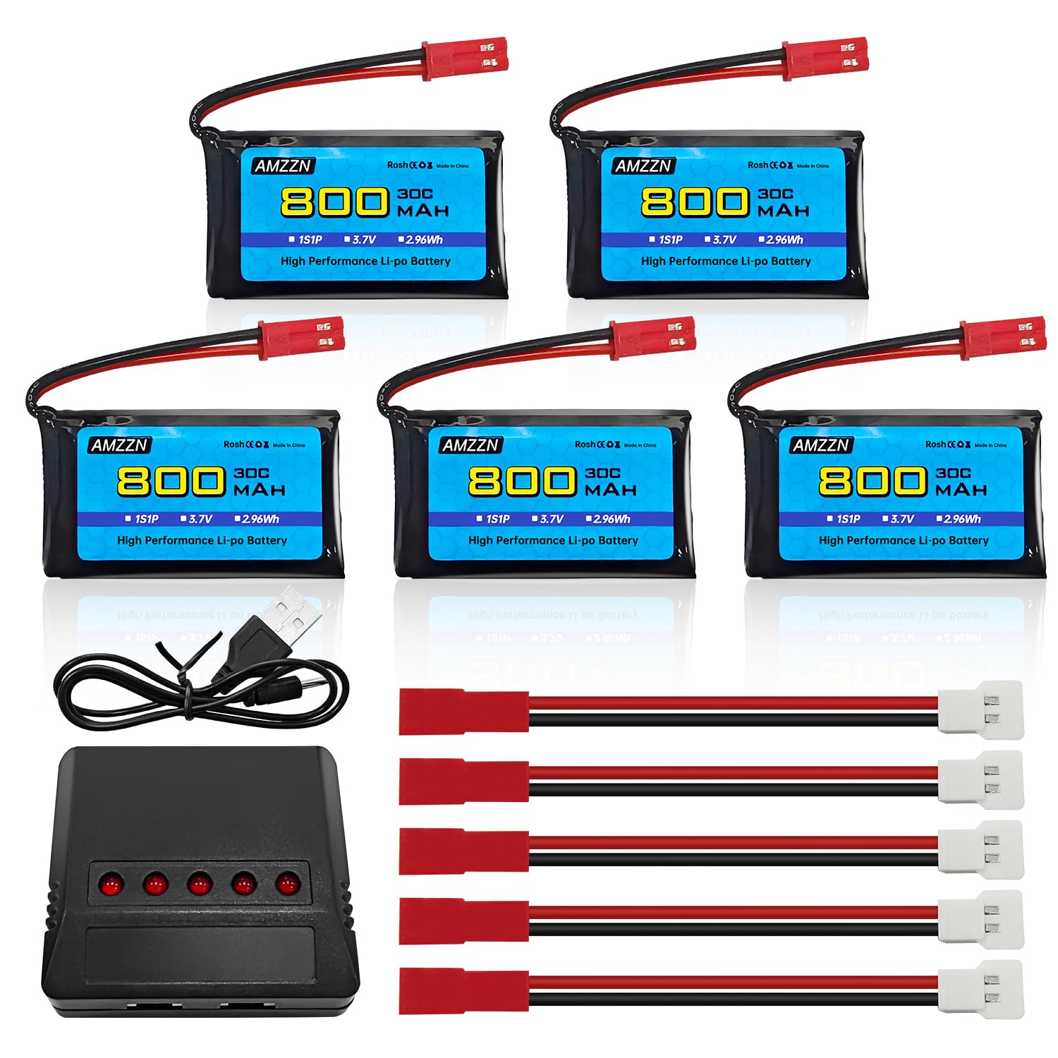 AMZZN 5PCS 3.7V 800mAh 30C JST Plug Lipo Battery with 5-in-1 Charger for SYMA X56W MJX X400W X300C X800 HS110 HS200 S670 V950hd S1750 V2450 RC Four Axis Aircraft Battery