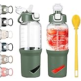 SIEROZUR 32 oz Glass Tumbler with Straw, Glass Water Bottles with 2 Lids-Handle Spout Lid & Straw Lid, 1 Liter Motivational Water Bottles, Silicone Sleeve, Fits Car Cup Holder,Olive