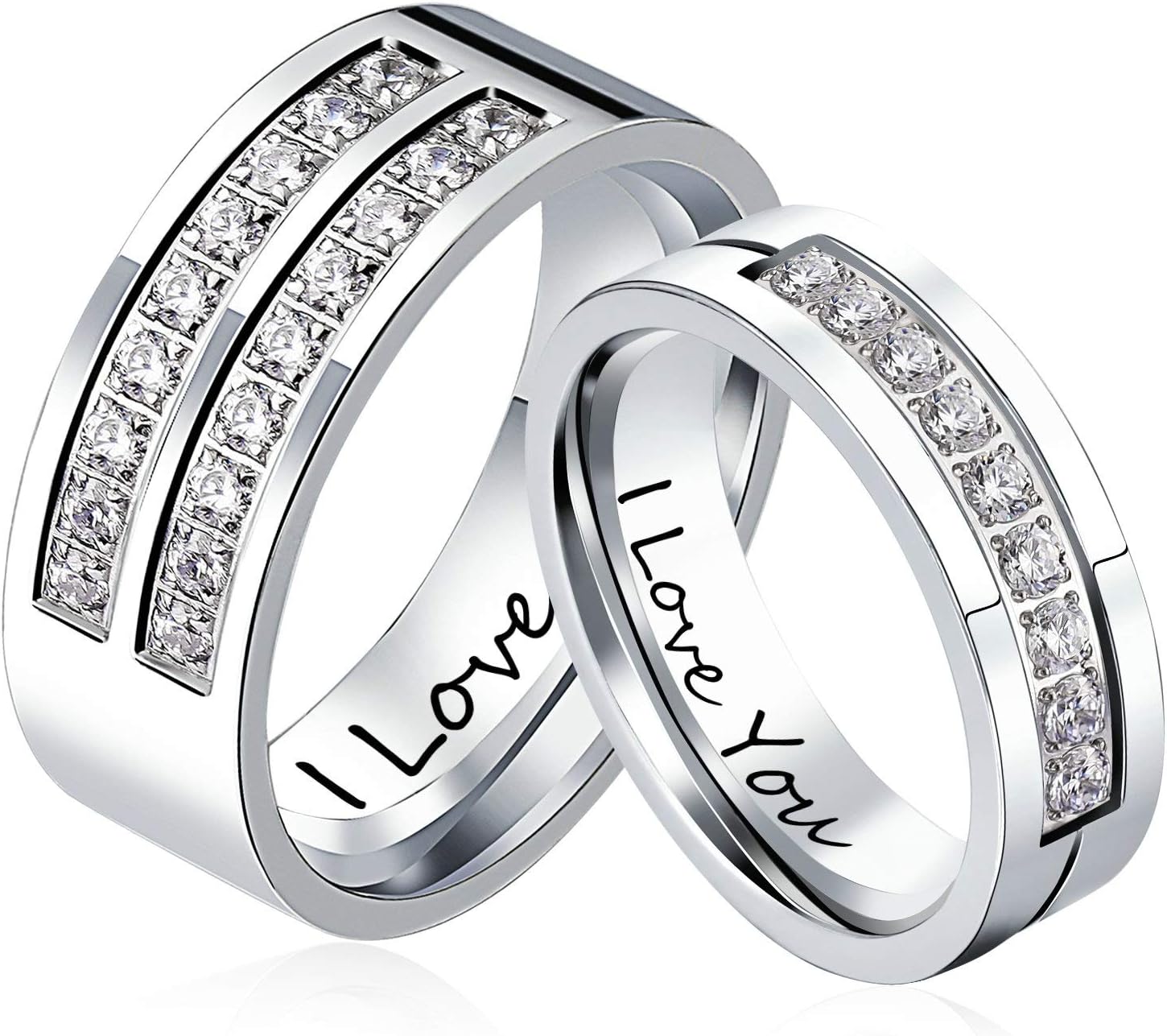 I Love You Promise Ring Channel Set Cubic Zirconia Eternity Ring for Couple Stainless Steel
