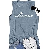 ALLTB Beach Tank Tops Women Beach Waves Sleeveless Shirt Hawaiian Ocean Vest Heartbeat Tank Summer Family Vacation Tanks